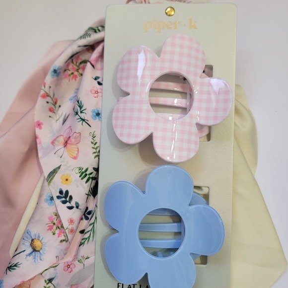 Piper K Butterfly Floral Scarf‎ Scrunchies & Gingham Flat Hair Claw Clip 5 Set main image 4